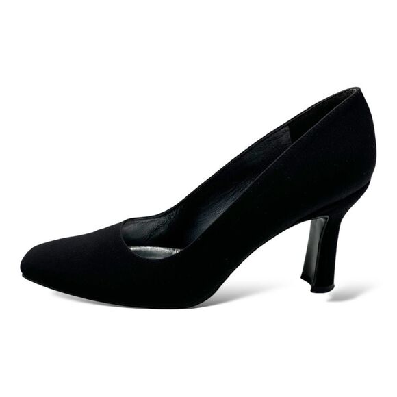 Stuart Weitzman Dress Evening Pump Black Satin Blunt Square Toe Mid Heel Size 7 - Picture 1 of 12